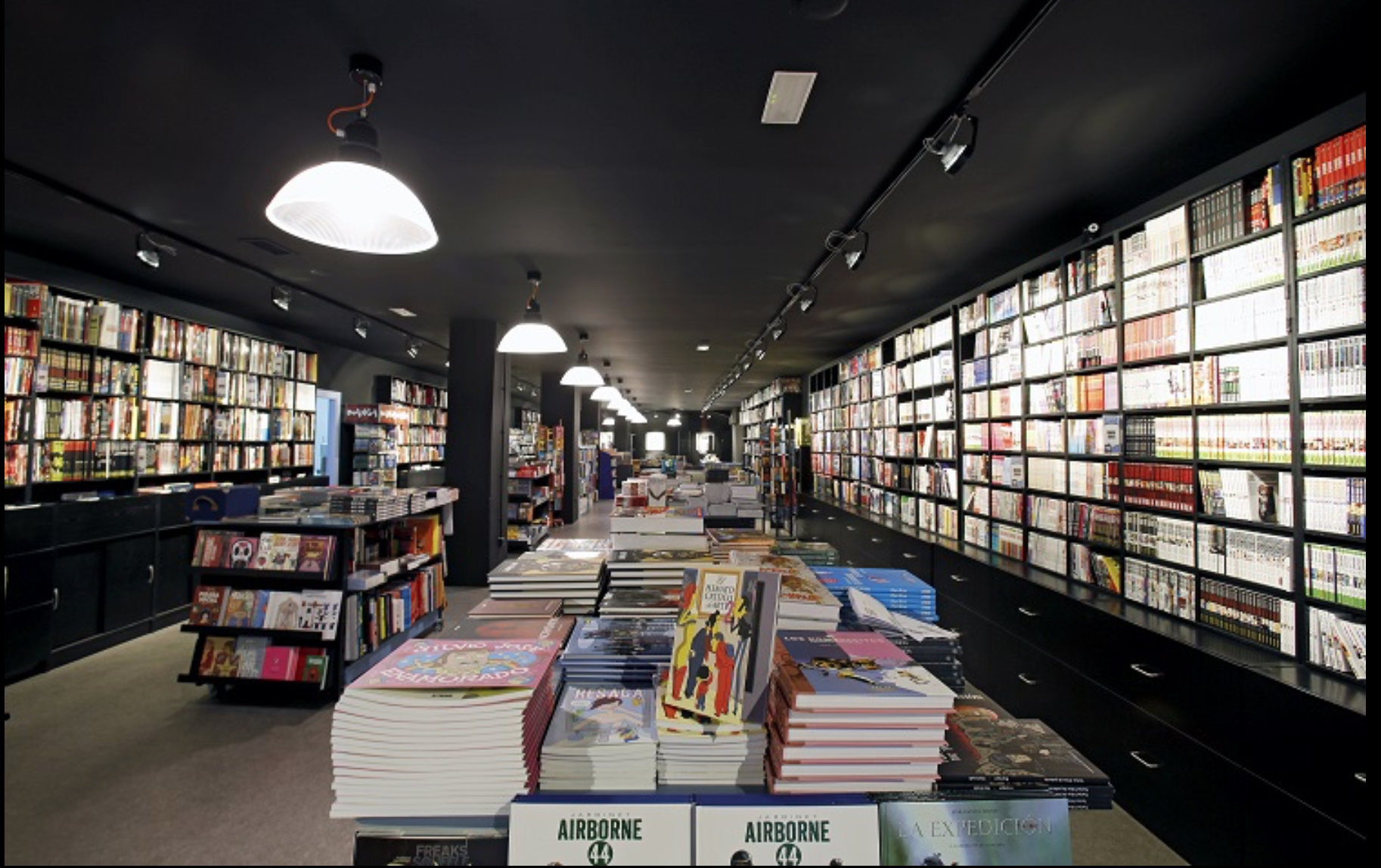 Detalle de la librería comercial, estanterías llenas y techo con focos